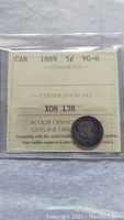 1889 Canada 5 Cents Silver Coin in ICCS graded holder with VG-8 grade, certification number XON 138.