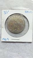 Obverse side of 1909 Newfoundland 50 Cent silver coin showing denomination and year