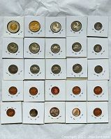 Overhead photo showing 25 individual coins in white holders arranged in five rows. Coins vary in metal color from golden, silver, to copper-colored and appear uncirculated and mint condition.
