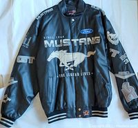 Front view of black leather Ford Mustang jacket with various white logos and patches on chest, sleeves, and ribbed cuffs and waistband.