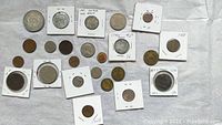 Top view of a collection of 23 assorted foreign coins, some in individual holders labeled with dates and others loose, displayed on white background.