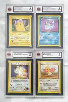 Front photo showing graded Pikachu, Dark Vaporeon, Giovanni's Meowth, and Spearow cards with respective grades and artwork.