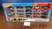 Front view of Hot Wheels 20 car gift set in original packaging showing all cars in clear window.