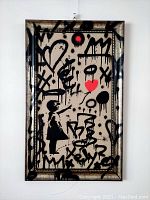 Frontal view of the painting in its wood frame hanging on a white wall