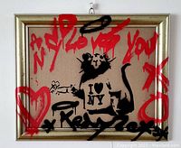Front view of framed artwork showing stenciled black rat wearing 'I ♥ NY' shirt with red graffiti text.