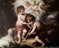 Close-up of the painting showing the two children, cherubs, and lamb with detailed brushwork and lighting.