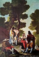 Photo of the reproduction canvas art print showing a group of people dressed in traditional attire under large trees