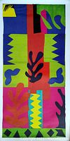 Full view of the colorful abstract print with organic and geometric forms in bold colors.