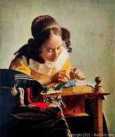 Close-up photo of the lithograph print showing a young woman lace-making at a table captured in warm tones.