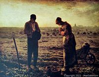 Image showing full colored lithograph print of two peasants praying in field at dusk with farming tools visible.
