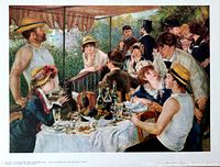 Full lithograph image of Renoir's "Le Dejeuner des Canotiers" showing multiple figures at an outdoor luncheon with table setting and background foliage.