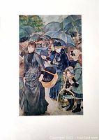 Full view of the lithograph showing crowd scene with umbrellas and women in period dress