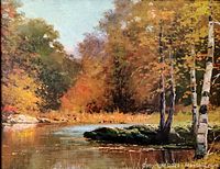 Close-up photo of the impressionist-style pond landscape print with autumnal colors and birch trees.