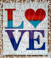 Front view of painting showing LOVE text with heart and white script overlay