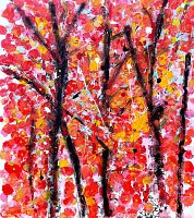 Close-up of vibrant red, orange and pink blossoms with dark branch strokes