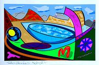 Full view of the colorful abstract painting depicting urban street art elements by TedyZet, showing mountains, blue drop, and signature elements.