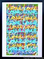 Close‐up front view of framed artwork showing layered graffiti text