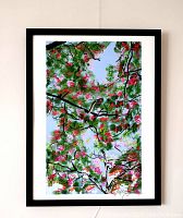Framed artwork hung on wall showing entire composition and framing