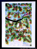 Frontal view of the framed painting showing vibrant colored branches and leaves with visible signature.