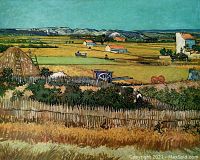 Close-up photo of the colorful lithograph showing a harvest field scene with haystack, farmhouses, distant mountains, and blue sky.