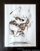Full view of the black and white cartoon art print showing a humorous golfer celebrating, titled 'Breaking Par', with a black border and signed 'Gary Patterson'.