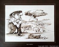 Full view of the framed cartoon print showing a golfer on a rocky fairway preparing to putt, signed by Gary Patterson and titled "THE FAIRWAY".