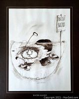 Full view of the vintage cartoon art print showing the golfer underwater with golf club and "Water Hazard" sign, matted with a black border.