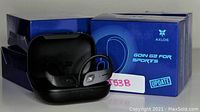 Photo showing Axloie Goin G2 For Sports wireless earbuds with charging case and retail box.