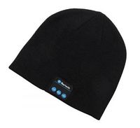 Black knit Bluetooth beanie hat with a small sewn-in control panel showing Bluetooth symbol and buttons for play/pause and volume control.