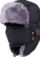 Black Russian style trapper hat with gray faux fur lining, built-in face mask attached by button snaps, and integrated Bluetooth earpieces on the sides.