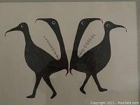 Close-up of lithograph showing two stylized black birds