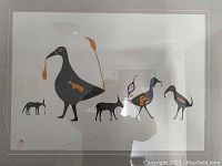 Front view of framed lithograph showing full artwork of stylized bird and animal figures