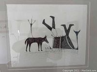 Full frontal view of framed ink pen drawing depicting stylized canine figure and abstract shapes