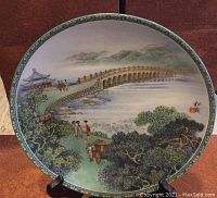 Front view of the limited edition Seventh-Arch Bridge plate from the Scenes from the Summer Palace series, showing detailed hand-painted landscape and turquoise patterned rim.