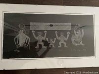 Full view of serigraph print with white mat board under glass showing the entire composition of five anthropomorphic figures in white line on black background.