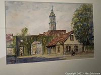 Full view of watercolour painting showing architectural scene with buildings and clock tower