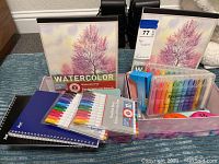 Full lot overview showing two watercolor pads, two notebooks, two packs of fine tip pens, two marker packs, various loose papers, and small accessories all arranged inside a storage box.