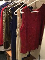 Seven ladies clothing items hung on a rack, including a red beaded tank top, a sheer beige top, a black and gold blouse, and other dresses and vests