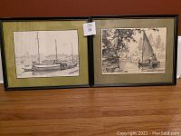 Two framed sketches side by side showing black and white images of boats in 1000 Islands region