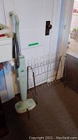 Bissell steam mop and metal shoe rack placed side by side against a white door on carpeted floor.