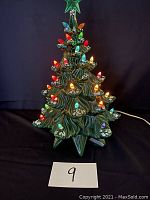 Tree lit showing front view with multi-colored lights and star finial on black background
