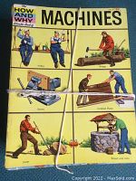 Stack of 25 vintage How and Why Children's Wonder Books tied with string, cover of 'Machines' issue showing illustrations of simple machines