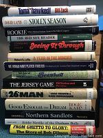 Side view photo of 14 baseball-themed books stacked together, showing titles and authors.