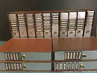 View of multiple binder albums with brown tops and gray sides labeled by scientific topics, stacked horizontally and vertically.