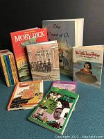 Photo showing The Wizard of Oz, Moby Dick, A Little Princess, The Little Prince and other vintage children's books displayed together.
