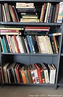 Shelves filled with varied cookbooks, showing multiple titles and condition of books.