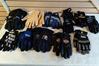 Photo showing a variety of gloves laid out in two rows, including Mechanix, leather, sports, and biker gloves.