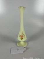 Front and side view of yellow satin glass vase with hand-painted rose and signature on body.
