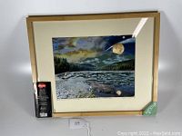 Framed photo silkscreen and oil painting collage artwork showing the full piece with wooden frame and cream mat, including a tag with lot number.