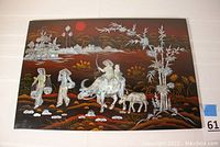 Full view of Asian/Japanese-style wall panel depicting rural scene with figures, water buffalo, bamboo, and red sun.